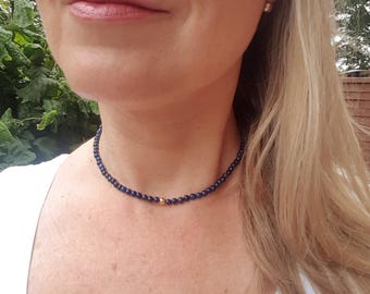 Tiny Blue Lapis Lazuli gemstone bead necklace choker in Sterling Silver or 14K Gold Fill  - September Birthstone jewellery gift for her him