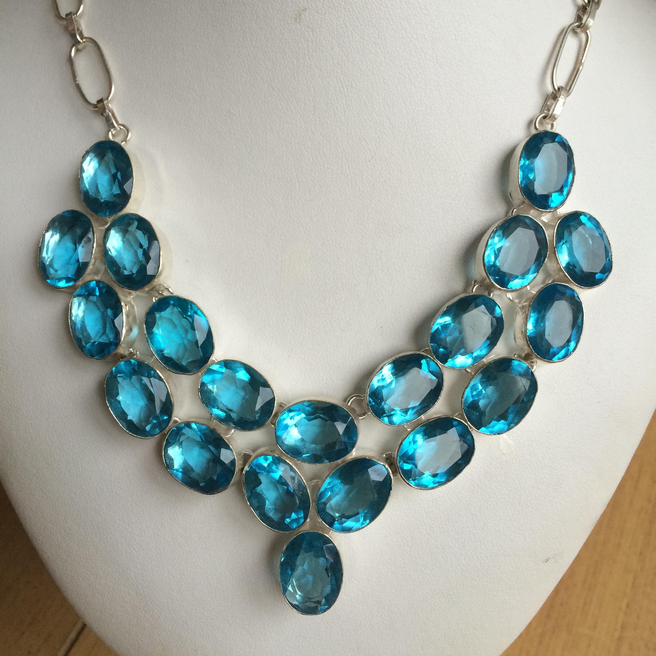 Silver Blue Topaz Quartz statement necklace December Birthstone