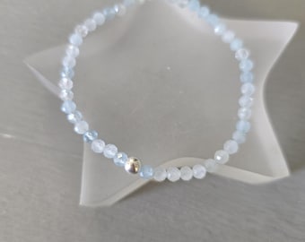 Tiny Natural AQUAMARINE STRETCH Bracelet Sterling Silver or Gold 4mm Small faceted blue GEMSTONE bead Bracelet March Birthstone jewelry gift