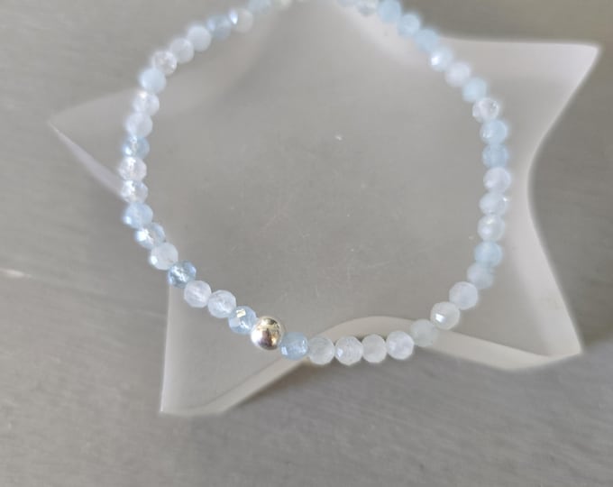 Tiny Natural AQUAMARINE STRETCH Bracelet Sterling Silver or Gold 4mm Small faceted blue GEMSTONE bead Bracelet March Birthstone jewelry gift