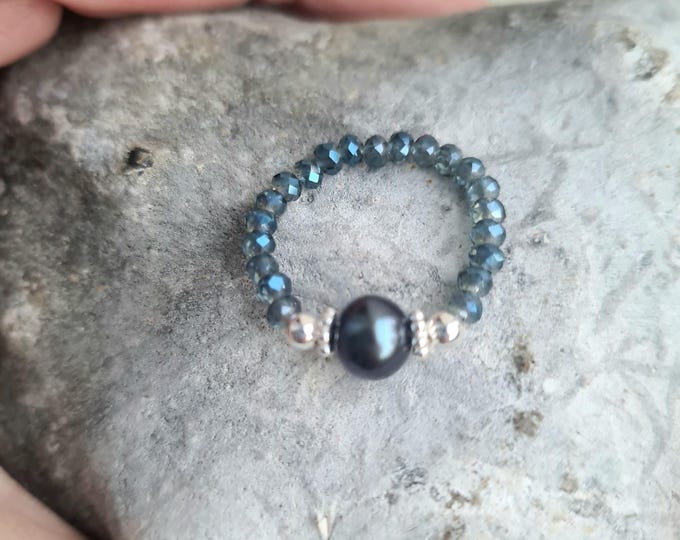 Blue Freshwater Pearl stretch ring Sterling Silver or Gold Peacock Freshwater pearl and blue crystal ring June BIRTHSTONE jewellery gift