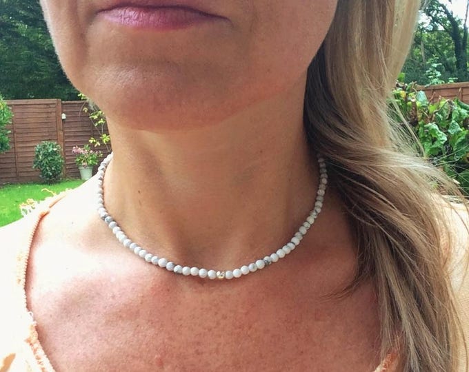 Tiny 4mm White Howlite beaded necklace choker with Sterling Silver or Gold Fill  accent bead - Third Eye Chakra necklace gift for her or him