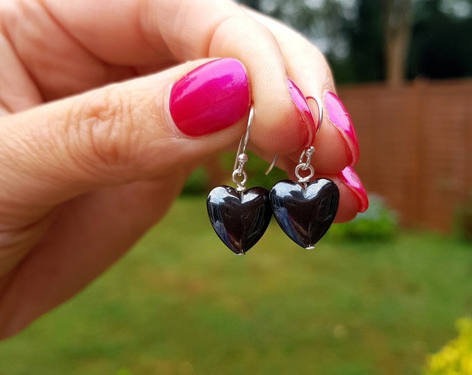Small Black Hematite heart earrings in Sterling Silver or 14ct Gold Fill - Root Chakra jewellery gift