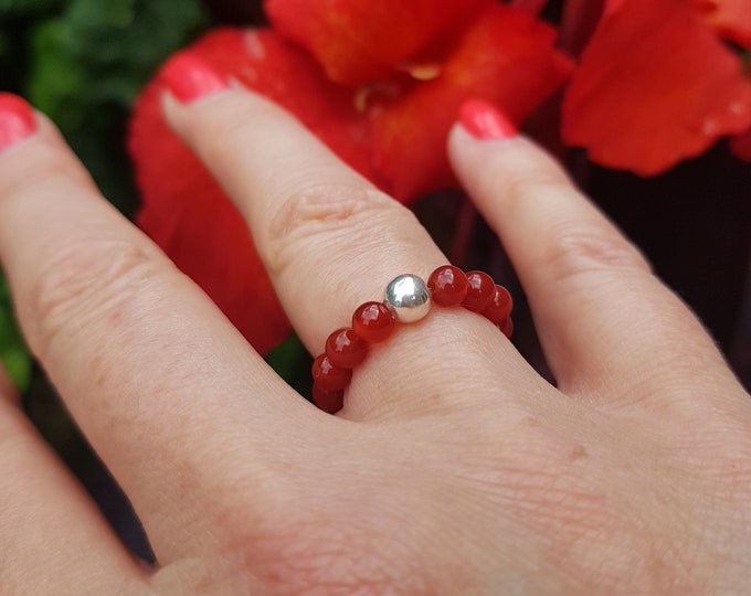 CARNELIAN stretch ring Sterling Silver / Gold Fill orange red gemstone bead stacking ring July Birthstone jewellery gift sacral Chakra