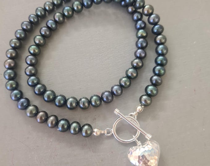 Peacock Freshwater Pearl necklace Sterling hammered heart toggle 6-7mm black pearl necklace large pearl necklace real Pearl jewellery gift