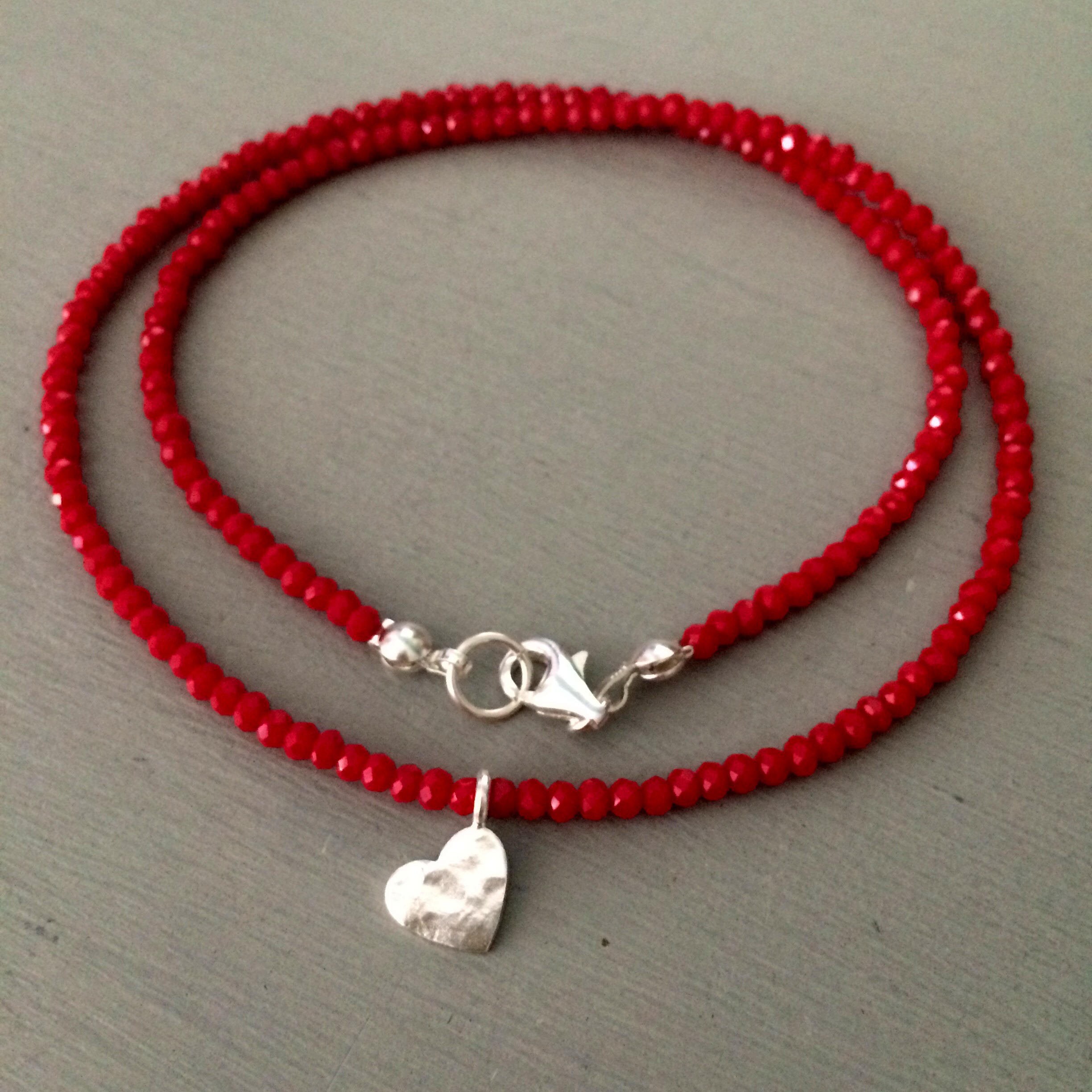 Tiny Red crystal choker necklace Sterling Silver hammered heart pendant