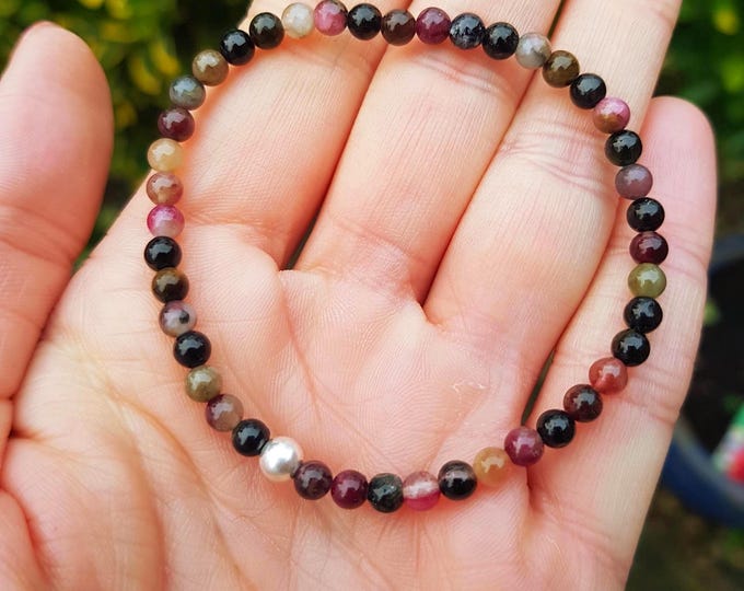 Watermelon Tourmaline STRETCH Bracelet Sterling Silver or Gold Fill 4mm Tourmaline gemstone bead bracelet October Birthstone jewellery gift