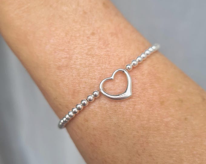 Sterling Silver stretch bracelet with heart tiny 3mm Silver bead bracelet love Valentine's gift wedding anniversary gift mum girlfriend girl