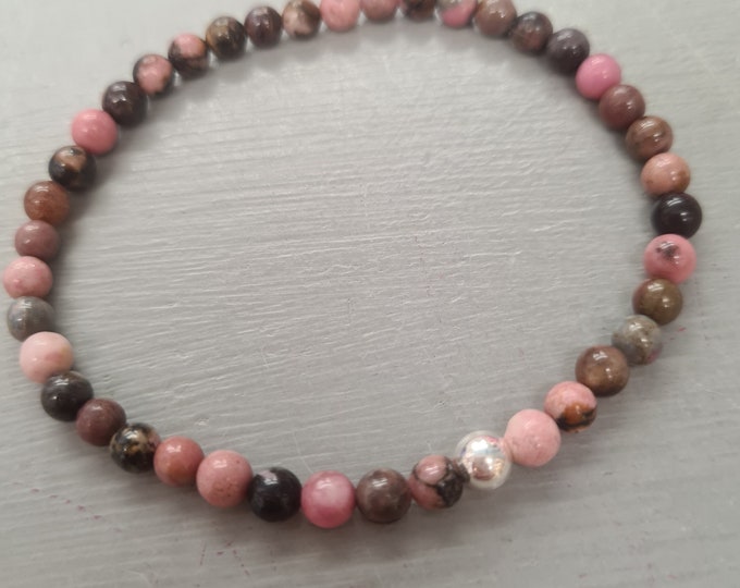 PINK RHODONITE stretch Bracelet Sterling Silver/ Gold Fill tiny 4mm small gemstone bead bracelet Stacking jewelry Boho chakra jewellery gift