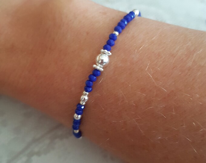 Tiny blue crystal stretch bracelet Sterling Silver or Gold Fill small cobalt blue beaded bracelet seed bead bracelet stacking jewellery gift