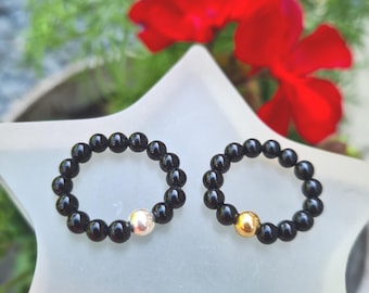 BLACK Tourmaline STRETCH ring Sterling Silver or Gold Fill black gemstone bead ring October Birthstone jewellery gift base root Chakra ring