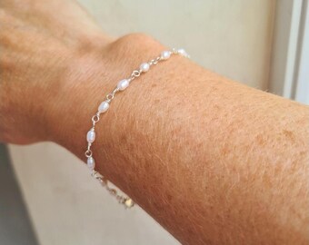 Tiny Freshwater seed Pearl Bracelet Sterling Silver small white real pearl Bracelet simple rice pearl bracelet rosary pearl jewellery gift