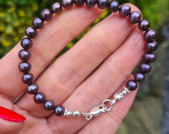Peacock black Freshwater Pearl bracelet Sterling Silver or Gold 6mm real Freshwater pearl bracelet June Birthstone jewellery gift for her