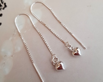 Tiny Sterling Silver heart threader earrings simple Silver jewelry gift for mum, girlfriend teenager daughter young girl gift boxed