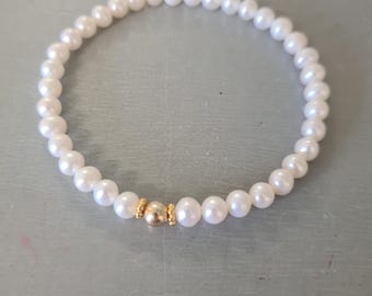 Small Freshwater Pearl STRETCH Bracelet Sterling Silver or Gold Fill 5mm AA white pearl Bracelet June Birthstone jewellery gift for her girl