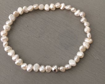 Tiny Freshwater Pearl stretch Bracelet Sterling Silver bead - June Birthstone gift