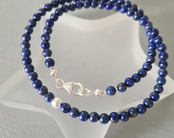 Tiny Blue Lapis Lazuli gemstone bead necklace choker in Sterling Silver or 14K Gold Fill  - September Birthstone jewellery gift for her him