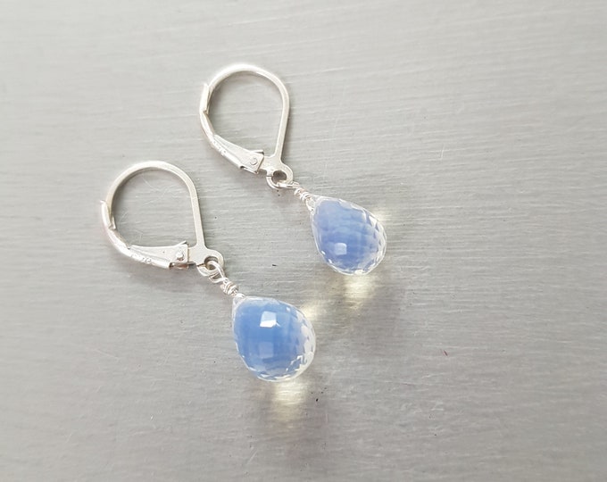 Opal Quartz earrings Sterling Silver leverback wire wrapped small teardrop earrings white drop earrings October Birthstone wedding jewelry