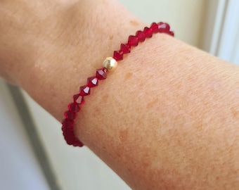 Red crystal stretch bracelet Sterling Silver or Gold Fill tiny 4mm dark Siam red crystal bracelet arthritis jewellery gift for girl mum wife