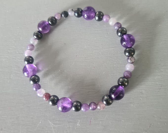 AMETHYST Lepidolite and Hematite stretch Bracelet Sterling Silver purple gemstone bead Bracelet Chakra Healing Calming Bracelet jewelry gift