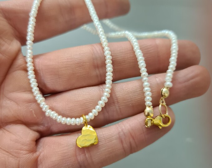 Tiny Freshwater Pearl choker necklace Sterling Silver or Gold hammered heart 2mm real white seed pearl necklace June Birthstone jewelry gift