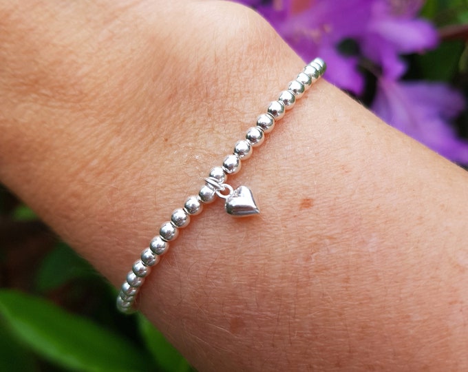 Tiny 3mm Sterling Silver stretch bracelet with tiny puffed heart - Jewellery gift for mum girl girlfriend