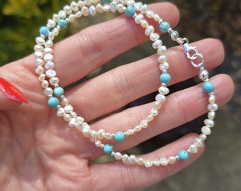 Tiny Freshwater Pearl and Turquoise bead choker necklace Sterling Silver / Gold 3mm real white irregular pearl June Birthstone jewelry gift