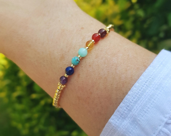 7 CHAKRA stretch Bracelet 14K Gold Fill tiny 4mm rainbow gemstone bead Bracelet small beaded 7 Chakra jewellery YOGA lover gift for her girl