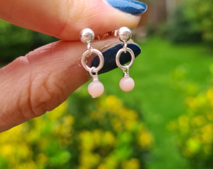 Tiny Pink Opal earrings Sterling Silver STUD small 4mm pink Opal drop earrings pink gemstone jewelry October Birthstone jewellery girl gift