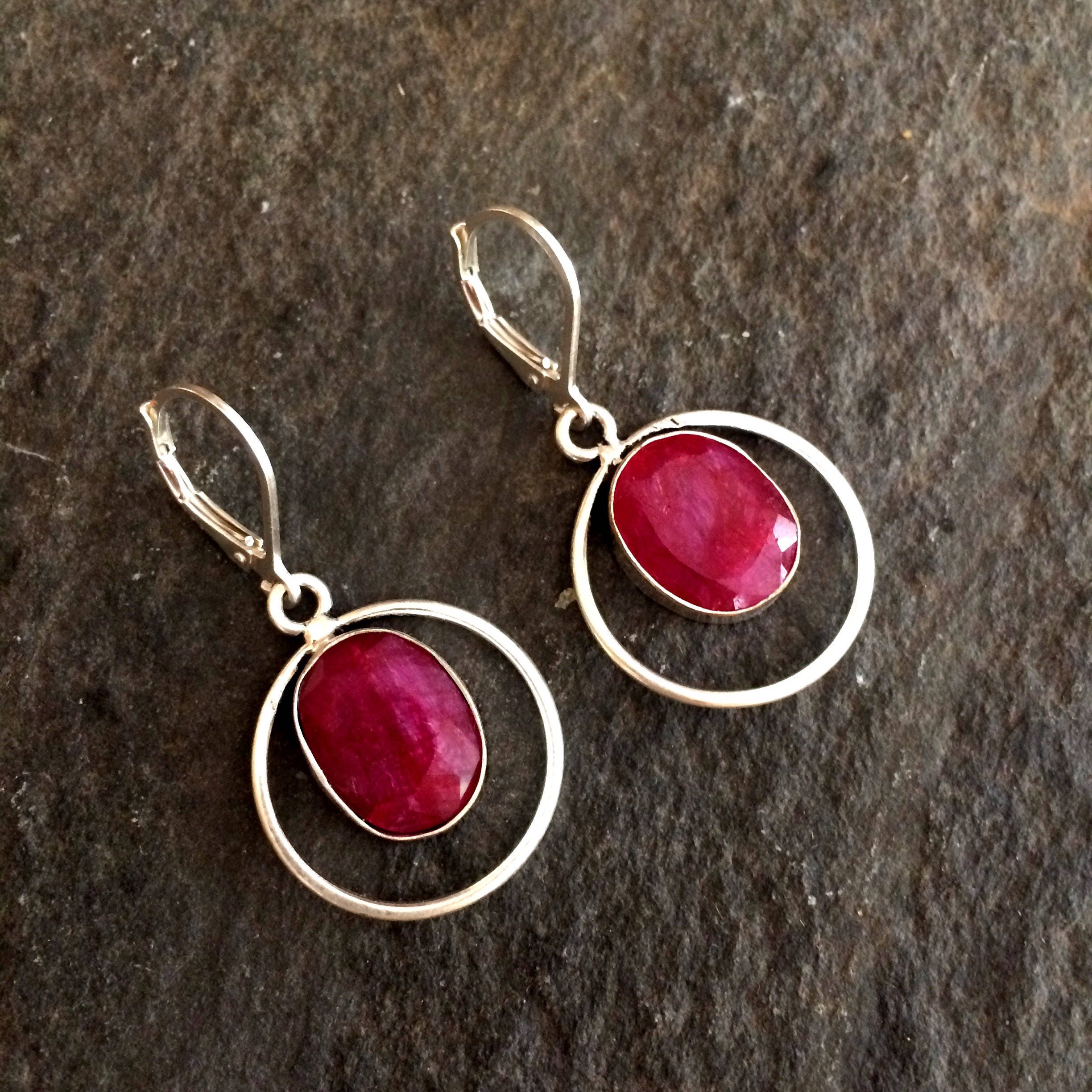 Raw red Ruby earrings Sterling Silver Lever back - July Birthstone ...