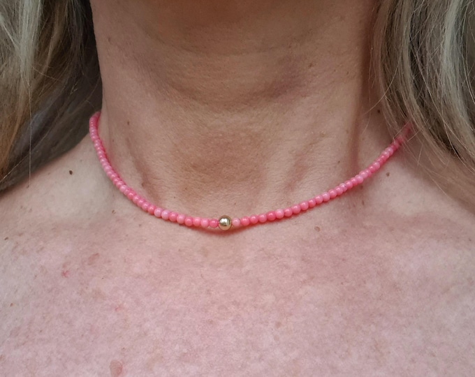 Tiny pink Coral necklace choker Sterling Silver or Gold Fill 3mm pink gemstone bead necklace small beaded necklace Chakra jewellery gift