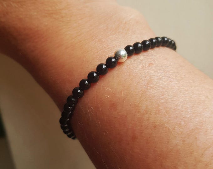 Black Tourmaline Bracelet Sterling Silver or Gold Fill tiny black GEMSTONE bead stretch Bracelet October Birthstone jewellery for him or her