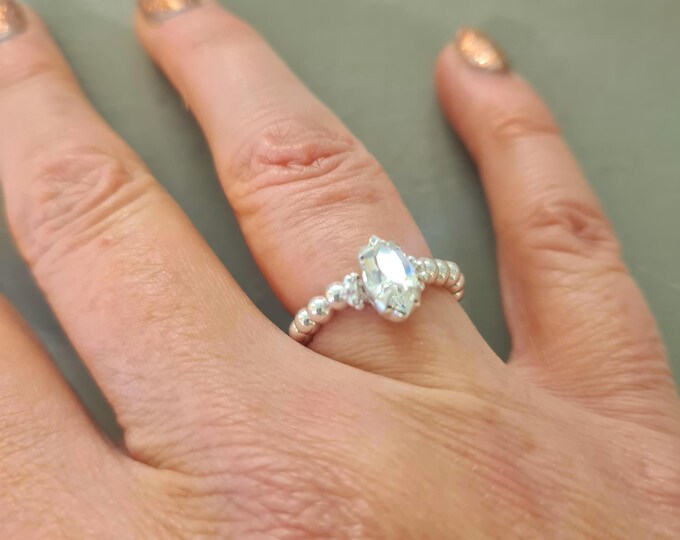 Silver Stretch Ring - with Clear Swarovski crystal, Sterling Silver Beads Ring Elastic Ring, Marquis Beaded Stretch Ring Stackable ring gift