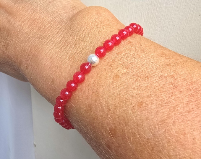 Red Jade stretch Bracelet Sterling Silver or Gold bead tiny 4mm berry red Jade gemstone bead Bracelet Root Chakra Grounding  jewellery gift