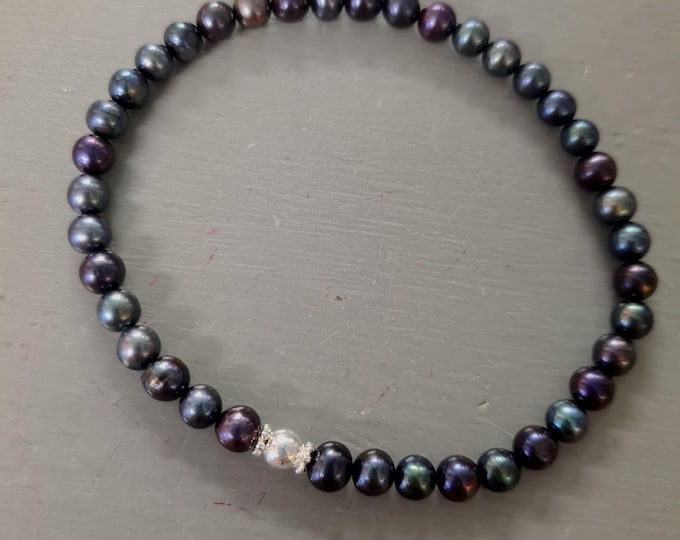 Peacock Freshwater Pearl stretch bracelet Sterling Silver Gold real 5mm blue black pearl bracelet June Birthstone jewellery gift anniversary