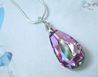 Light Vitrail Purple Swarovski Crystal teardrop Necklace on a  Sterling Silver chain - Vintage Swarovski Crystal Jewellery gift for her