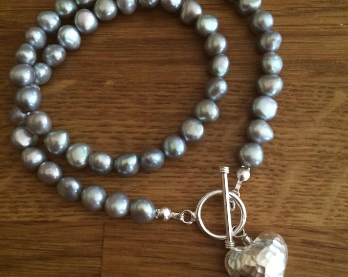 Grey Baroque Freshwater Pearl necklace Sterling Silver hammer heart toggle gray pearl necklace large grey pearl necklace Pearl jewelry gift