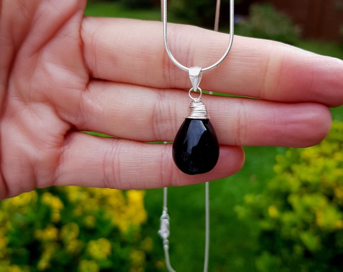 Sterling Silver Black Onyx necklace wire wrapped Black Onyx teardrop pendant necklace large black gemstone drop necklace Black Onyx jewelry