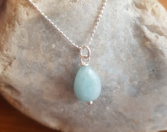 Sterling Silver Aqua stone necklace choker small Aqua teardrop gemstone pendant green blue stone jewellery gift