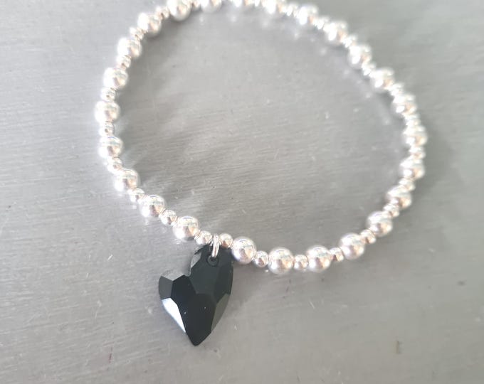 Sterling Silver stretch bracelet with a black or Red Swarovski crystal heart Silver bead bracelet Black Crystal jewellery gift for her girl