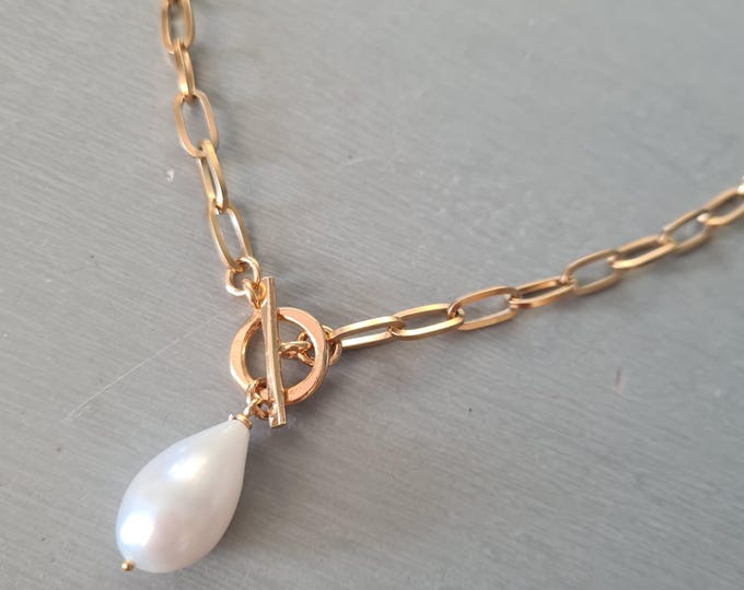 White Baroque Freshwater Pearl choker necklace Gold Vermeil toggle clasp large pearl Gold Paperclip Chain REAL Pearl jewellery gift for her