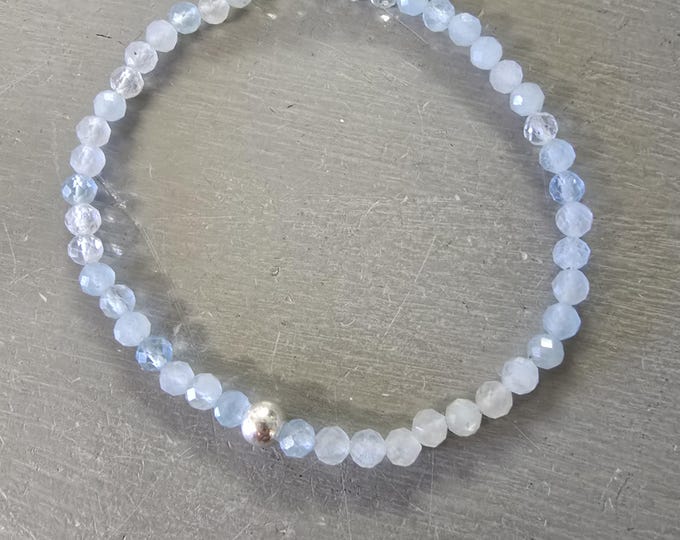 Tiny Natural AQUAMARINE STRETCH Bracelet Sterling Silver or Gold 4mm Small faceted blue GEMSTONE bead Bracelet March Birthstone jewelry gift