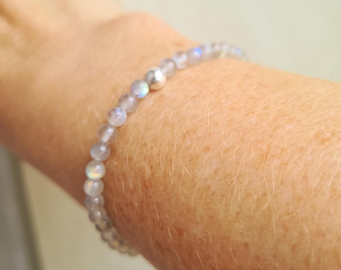 LABRADORITE gemstone bead stretch Bracelet with Sterling Silver or Gold Fill accent bead -  Chakra jewellery Gift