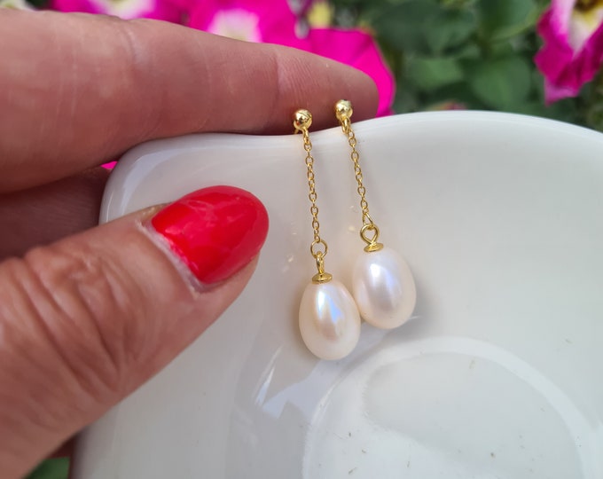 24K Gold Vermeil Large Freshwater pearl drop earrings  stud & chain white Freshwater teardrop pearl earrings real white pearl drop earrings