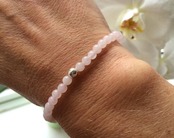 Tiny Rose Quartz STRETCH Bracelet with Sterling Silver or Gold Fill bead-  January Birthstone jewellery gift