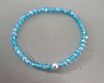 Tiny Aquamarine AB crystal stretch bracelet Sterling Silver or Gold 4mm Blue crystal rondelle bead bracelet March Birthstone jewellery gift
