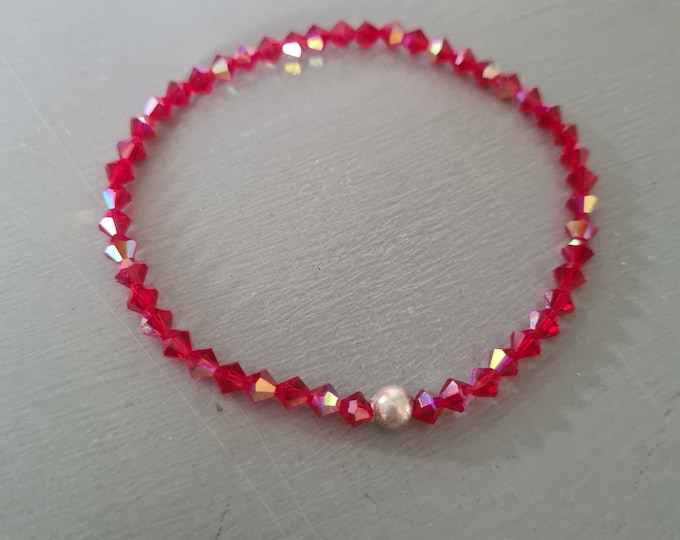 Red crystal stretch bracelet with Sterling Silver or 14K Gold Fill bead tiny Siam red AB crystal bracelet Crystal jewellery gift for mum sis