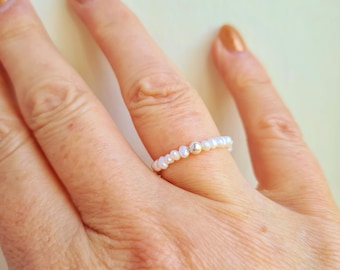 Tiny Freshwater Pearl stretch ring with Sterling Silver or Gold Fill accent bead - June Birthstone Jewellery gift for her girl