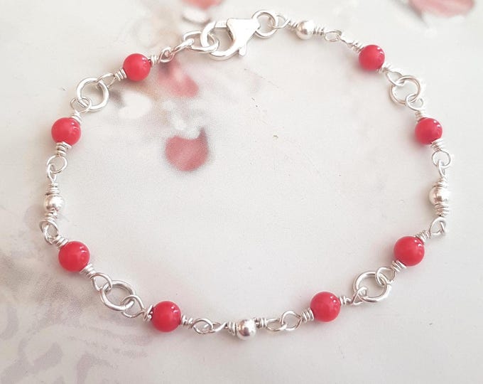 Tiny Sterling Silver Red Coral Bracelet or Gold Fill or pink Coral gemstone Bead Bracelet wire wrapped jewellery 35th Anniversary gift wife