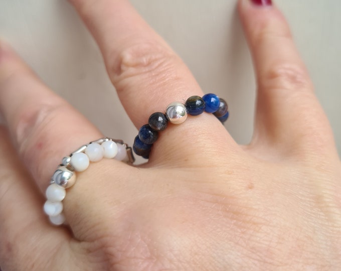 Kyanite stretch ring - Sterling Silver or 14K Gold Filled bue gemstone bead stacking ring - Boho Healing Yoga Chakra jewellery gift